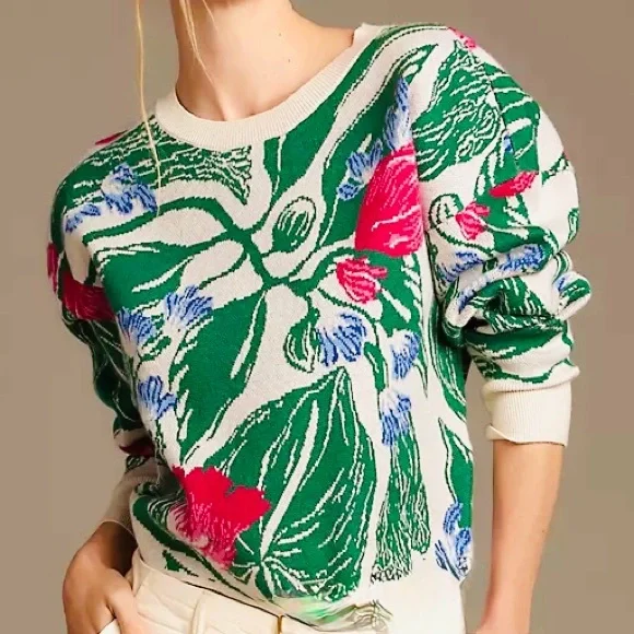 AVARA Size S Green-White w/Pink-Blue Splashes Tropical Print Crew Neck Sweater - Picture 1 of 7
